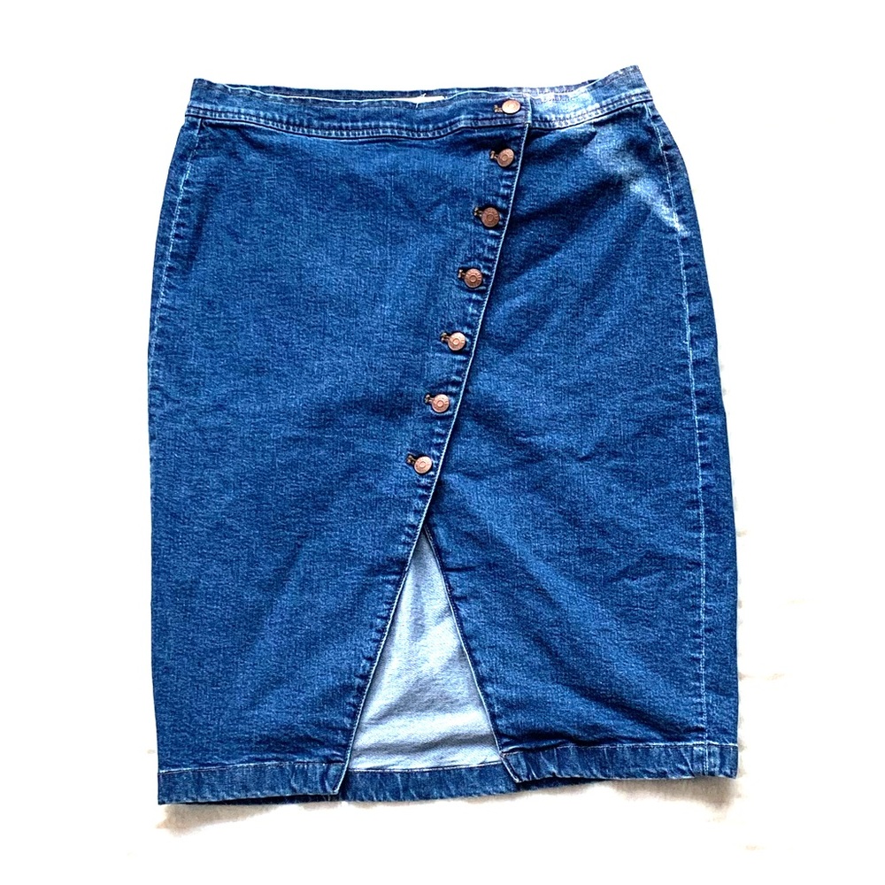 Asymmetrical button midi denim skirt
